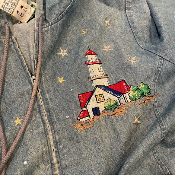 Vintage Quacker Factory Denim Full Zip Hooded Embroidered Lighthouse Top Large - Picture 8 of 8